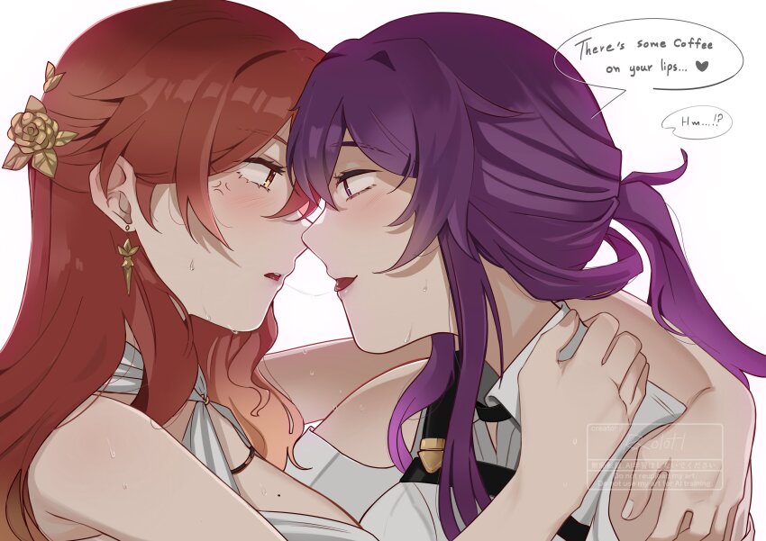 2girls, absurdres, after_kiss, anger_vein, arm_around_neck, breasts, clothing_cutout, collared_shirt, commentary, dress, english_commentary, english_text, eye_contact, hand_on_another's_shoulder, highres, himeko_(honkai:_star_rail), honkai:_star_rail, honkai_(series), kafka_(honkai:_star_rail), large_breasts, long_hair, looking_at_another, mole, mole_on_breast, multiple_girls, orange_eyes, parted_lips, purple_eyes, purple_hair, ratanan, red_hair, saliva, saliva_trail, shirt, shoulder_cutout, simple_background, speech_bubble, sweat, tongue, white_background, white_dress, white_shirt, yuri