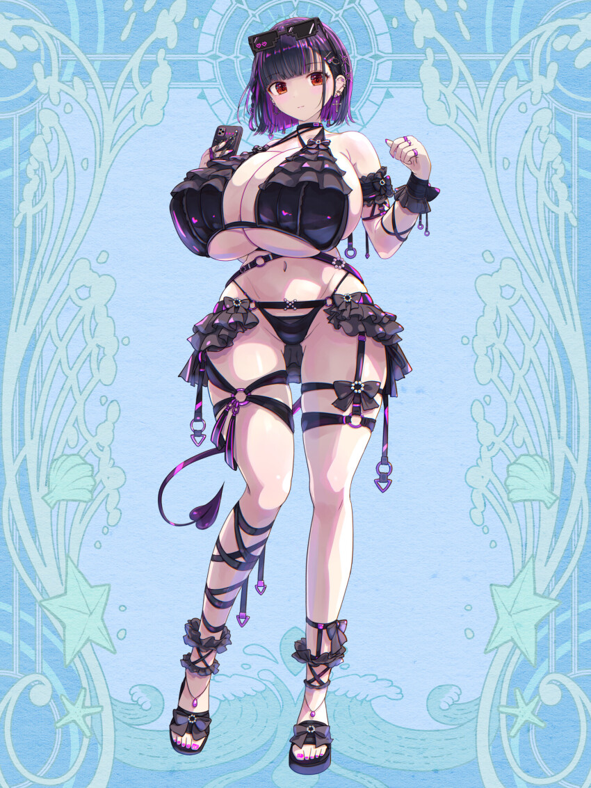 1girl, armband, bikini, black_bikini, black_bow, black_hair, blue_background, bow, breasts, colored_inner_hair, cross, cross_earrings, dairoku_ryouhei, demon_tail, earrings, eyewear_on_head, full_body, hair_ornament, highres, hoi_(tw), holding, holding_phone, huge_breasts, jewelry, leg_ribbon, looking_at_viewer, multicolored_hair, multiple_rings, navel, o-ring, phone, purple_hair, purple_nails, red_eyes, ribbon, ring, sandals, shidai_ayako, short_hair, solo, standing, streaked_hair, sunglasses, swimsuit, tail, thigh_strap, wristband