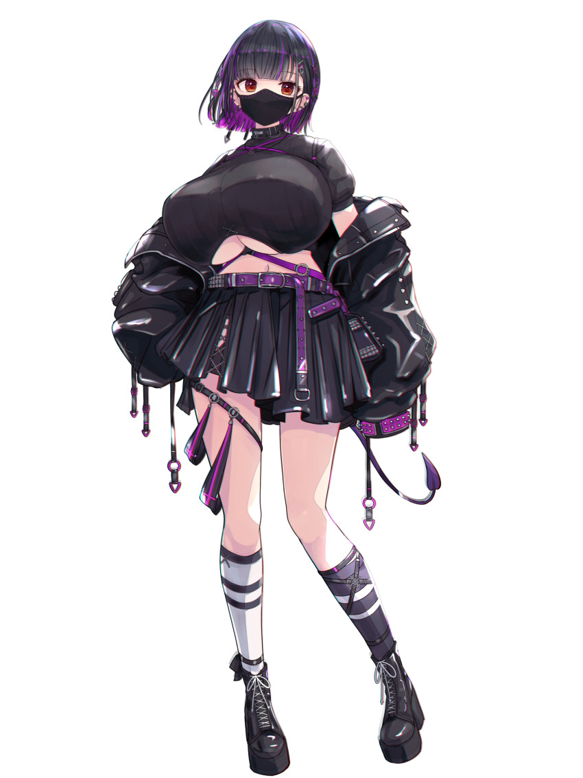 1girl, belt, black_boots, black_hair, black_jacket, black_shirt, black_skirt, boots