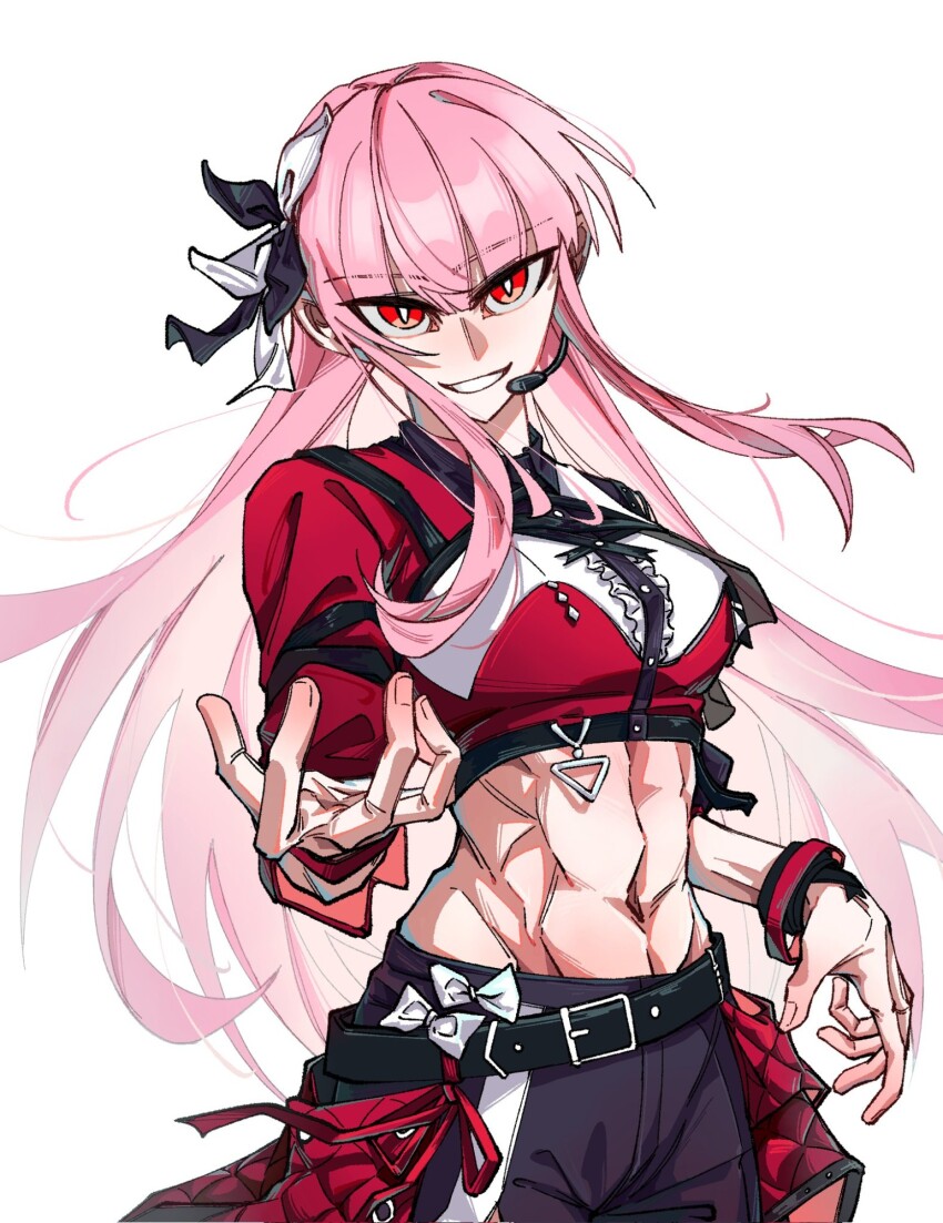 1girl, abs, alternate_muscle_size, belt, black_bow, black_pants, bow, bright_pupils