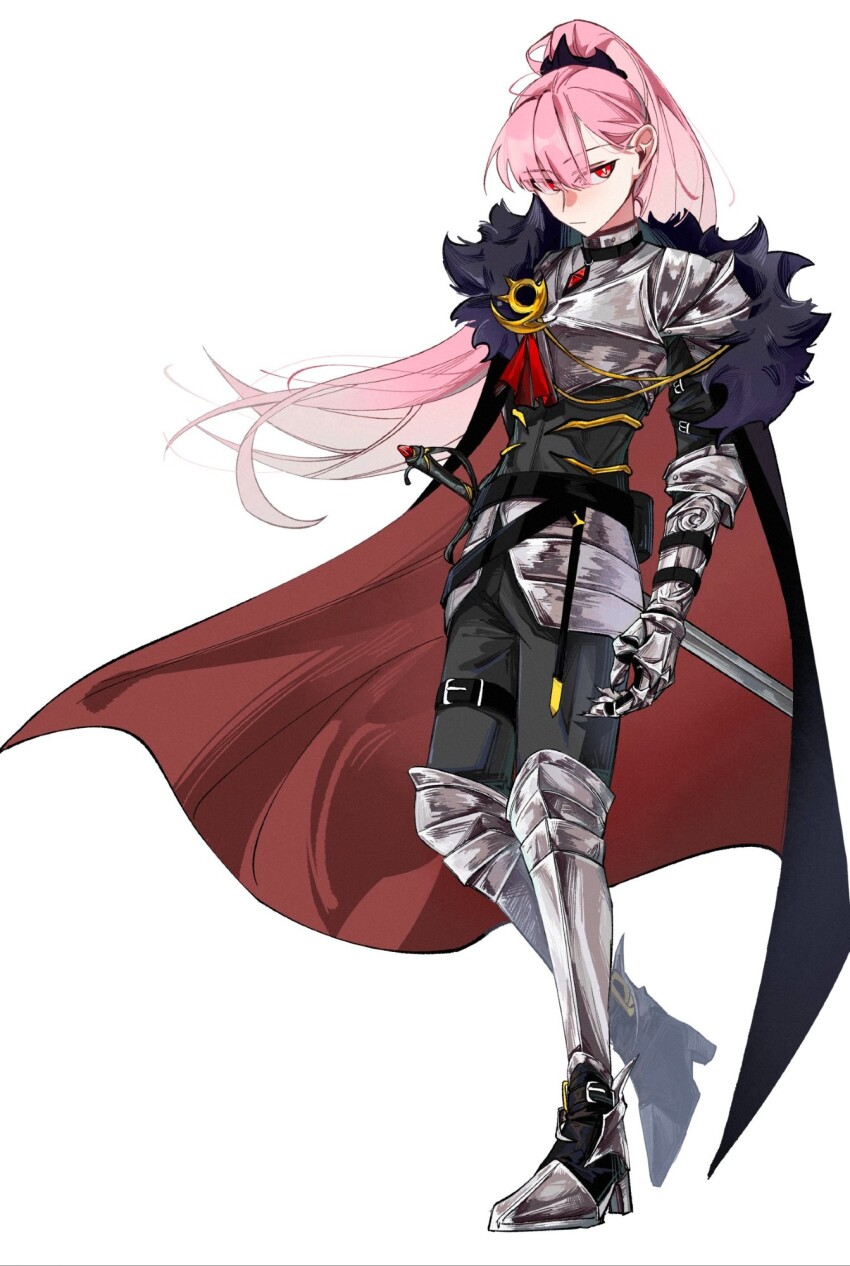 1girl, alternate_costume, armor, armored_boots, black_cape, boots, cape, fur-trimmed_cape, fur_trim, gauntlets, highres, hololive, hololive_english, knight, long_hair, looking_to_the_side, mori_calliope, pink_hair, plate_armor, ponytail, red_eyes, sanni1416029, sheath, sheathed, virtual_youtuber, weapon_request