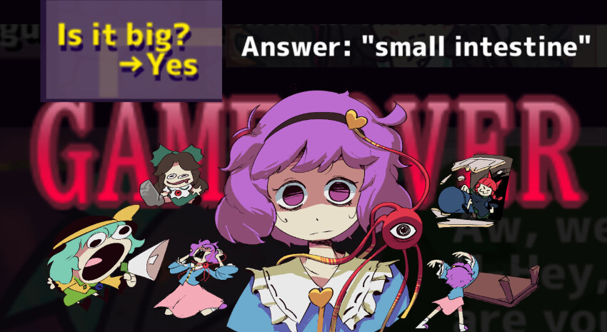 4girls, arm_cannon, black_hair, blue_shirt, commentary, english_commentary, english_text, green_hair