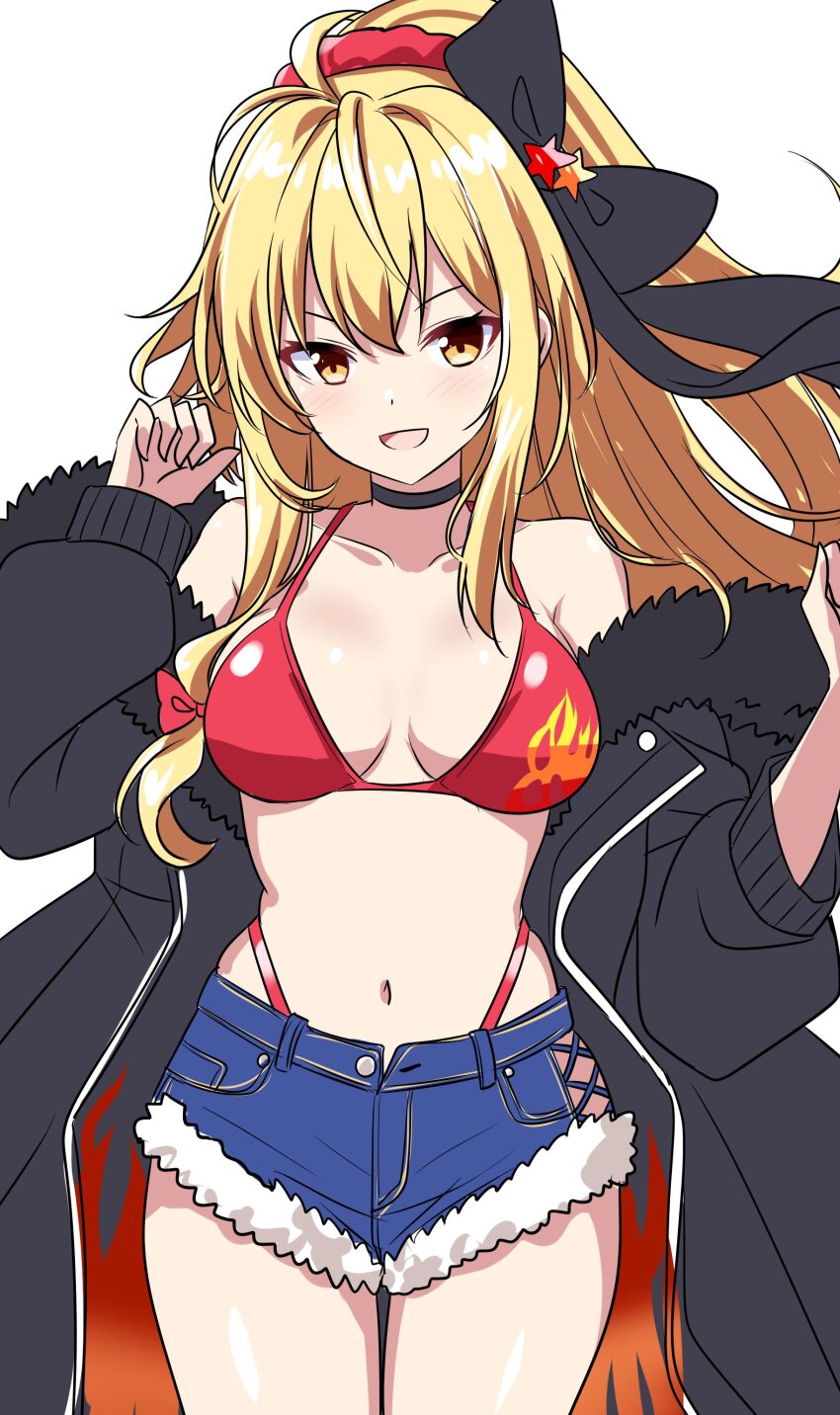 1girl, absurdres, bikini, black_bow, black_choker, black_coat, blue_shorts, bow