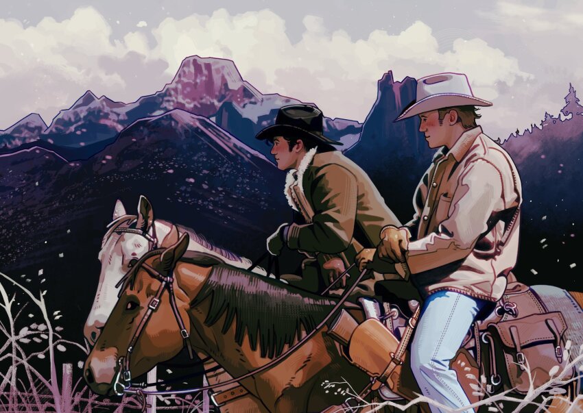 2boys, animal, black_hair, black_hat, blue_pants, brokeback_mountain, brown_gloves, brown_hair