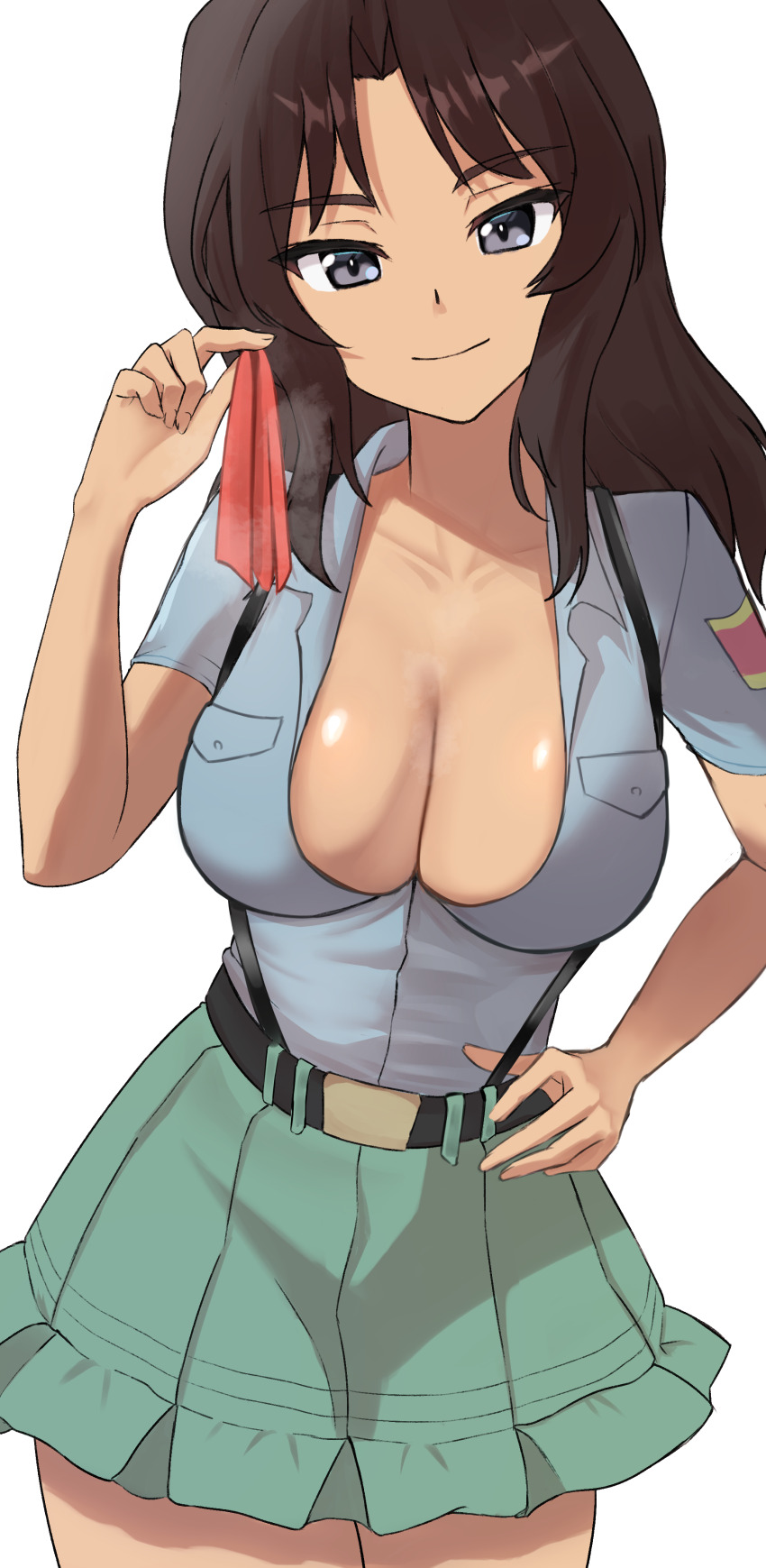 1girl, absurdres, aoshidan_school_uniform, black_hair, blue_eyes, breasts, cleavage, closed_mouth, collarbone, commentary, el_(girls_und_panzer), girls_und_panzer, hand_on_own_hip, handkerchief, highres, large_breasts, lazurite_(user_8870367), long_hair, looking_at_viewer, red_handkerchief, school_uniform, simple_background, smile, solo, white_background