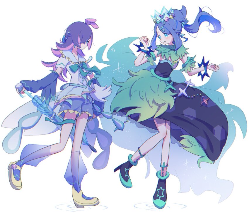 2girls, blue_eyes, blush, boots, bow, closed_mouth, cosplay, crown