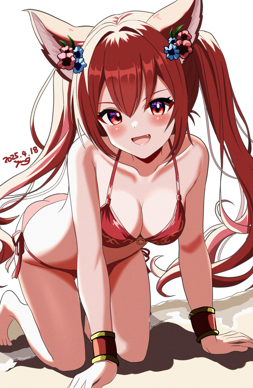 1girl, absurdres, all_fours, animal_ears, bare_shoulders, bikini, blush, bracelet, breasts, cerberus_(shingeki_no_bahamut), cerberus_(summer)_(shingeki_no_bahamut), collarbone, dog_ears, fang, granblue_fantasy, highres, jewelry, long_hair, looking_at_viewer, medium_breasts, red_eyes, red_hair, side-tie_bikini_bottom, smile, solo, swimsuit, twintails, very_long_hair, yanapy