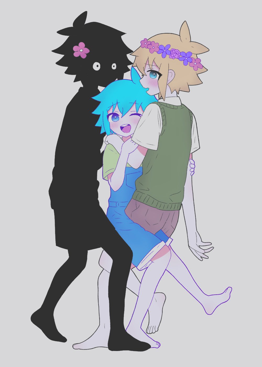 3boys, ;d, antenna_hair, barefoot, basil_(faraway)_(omori), basil_(headspace)_(omori), basil_(omori), black_skin