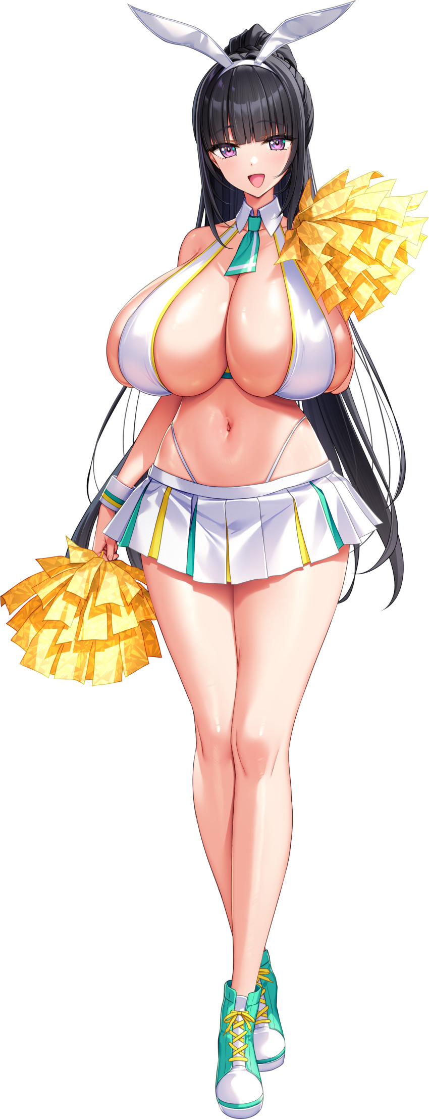 1girl, :d, absurdres, animal_ear_hairband, animal_ears, aqua_necktie, arm_at_side, arm_up