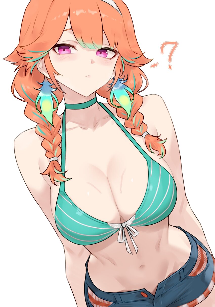 1girl, ?, absurdres, bare_shoulders, bikini, blue_feathers, blue_shorts, bluefield, blush, braid, breasts, choker, closed_mouth, collarbone, colored_tips, earrings, feather_earrings, feathers, front-tie_bikini_top, front-tie_top, gradient_feathers, green_bikini, green_choker, green_feathers, green_hair, hairband, highres, hololive, hololive_english, jewelry, large_breasts, long_hair, looking_at_viewer, low_twin_braids, multicolored_hair, navel, official_alternate_costume, official_alternate_hairstyle, open_fly, orange_hair, pink_eyes, shorts, simple_background, solo, stomach, streaked_hair, striped_bikini, striped_clothes, swimsuit, takanashi_kiara, takanashi_kiara_(casual), thighs, twin_braids, two-tone_feathers, two-tone_hair, virtual_youtuber, white_background, white_hairband