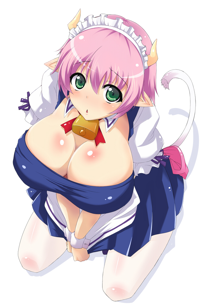 1girl, animal_ears, artist_request, blush, breasts, cleavage, elfleda_mirjasdottir, female_focus, horns, huge_breasts, looking_at_viewer, lotte_no_omocha!, maid, pointy_ears, sitting, solo, tail