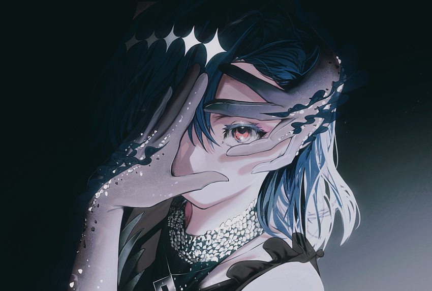 1girl, absurdres, amamizu_shizuku, bare_shoulders, black_background, black_gloves, black_hair, commentary_request