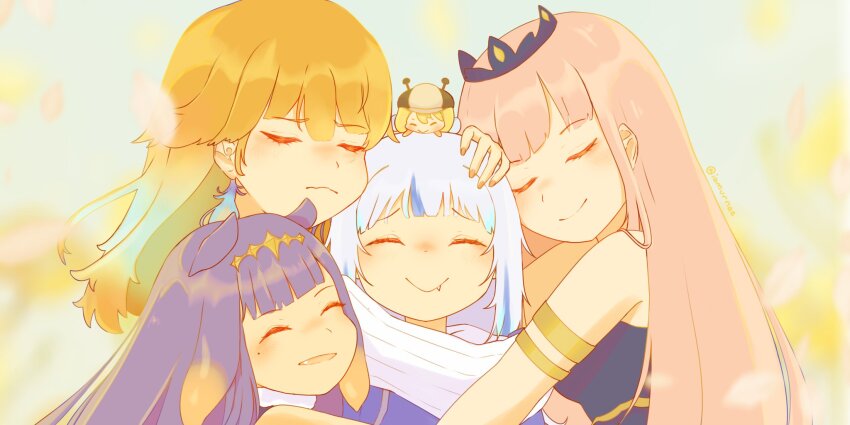 5girls, aqua_hair, bee_costume, blue_hair, blunt_bangs, closed_eyes, diamond_hairband, facing_viewer