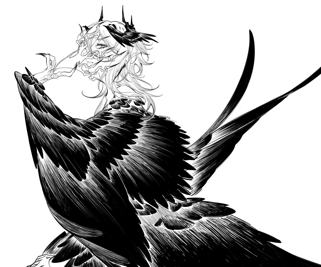 1boy, acell1224, androgynous, arknights, bare_shoulders, bird_mask, bird_wings, chinese_commentary