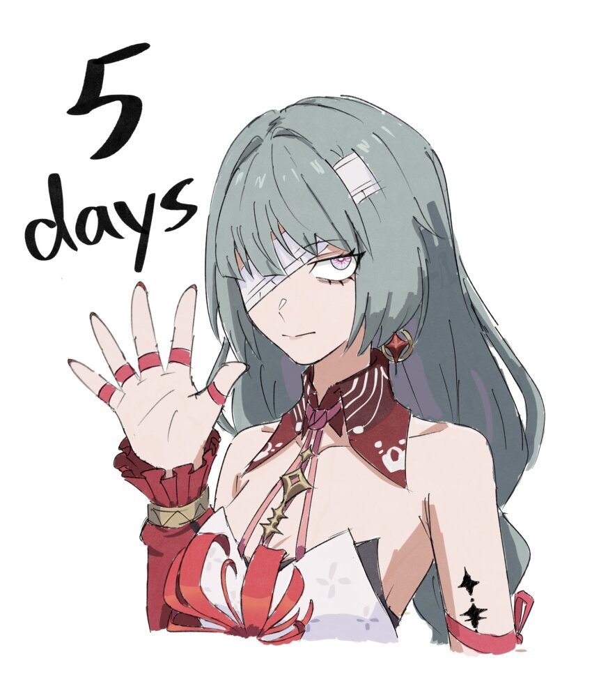 1girl, bandage_over_one_eye, bare_shoulders, biscuitaart, breasts, closed_mouth, collar, commentary