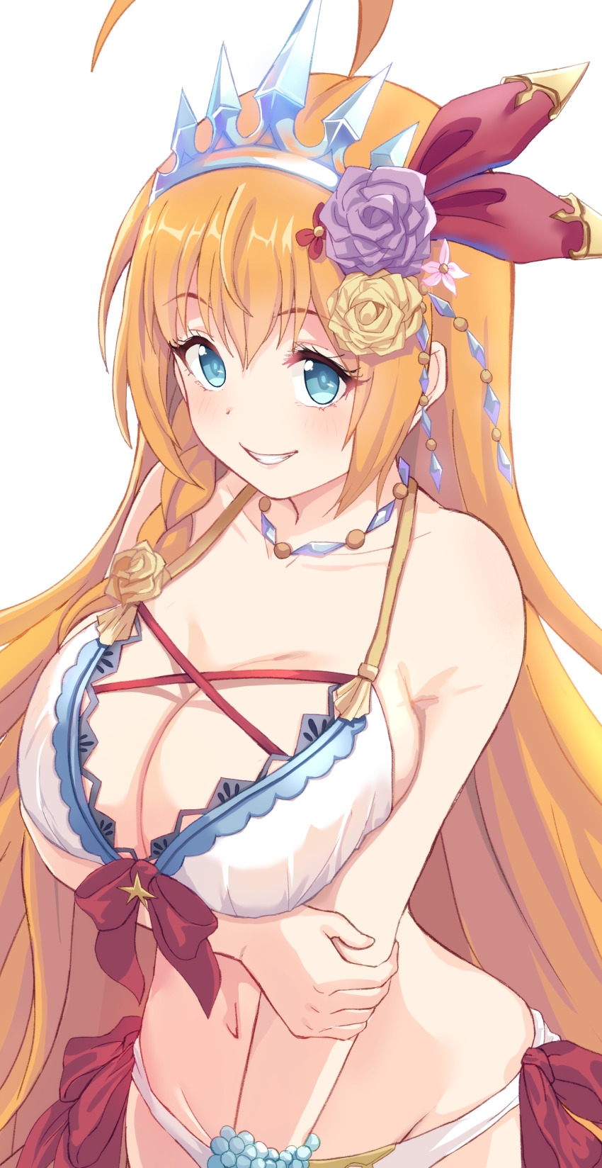 1girl, absurdres, ahoge, bikini, blue_eyes, bracelet, braid, breasts, crown, flower, grin, hair_flower, hair_ornament, hair_ribbon, highres, hand_on_own_arm, huge_ahoge, jewelry, large_breasts, looking_at_viewer, navel, necklace, orange_hair, pecorine_(princess_connect!), pink_flower, princess_connect!, purple_flower, purple_rose, rabenga, red_ribbon, ribbon, rose, side-tie_bikini_bottom, smile, solo, star_(symbol), swimsuit, tiara, white_background, white_bikini, yellow_flower, yellow_rose