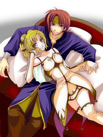 1boy, 1girl, brown_hair, couch, couple, dress, elbow_gloves, fire_emblem