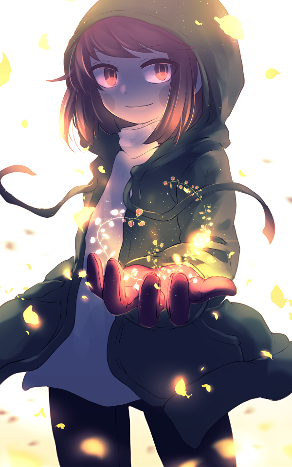 1other, black_pants, blurry, blurry_background, bob_cut, brown_hair, chara_(undertale), closed_mouth