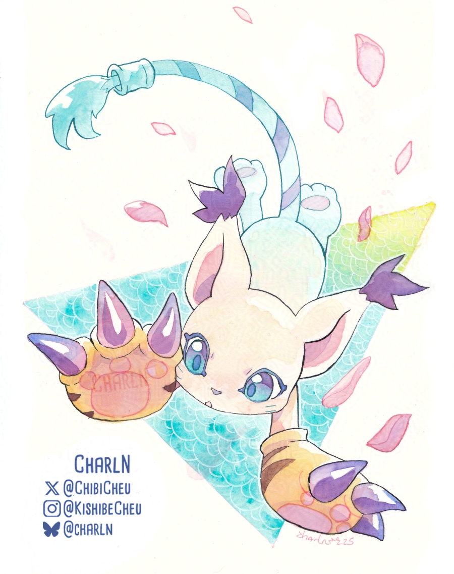 animal_hands, blue_eyes, bluesky_username, body_fur, cat, cherry_blossoms, chibicheu, commentary, digimon, digimon_(creature), english_commentary, full_body, gloves, paw_gloves, petals, tailmon, twitter_username, white_fur