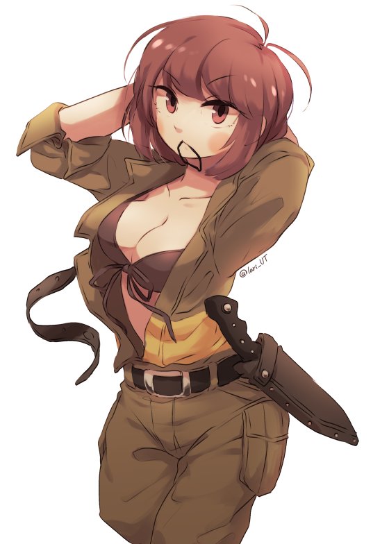 1girl, antenna_hair, arms_behind_head, belt, black_belt, black_bra, bob_cut, bra