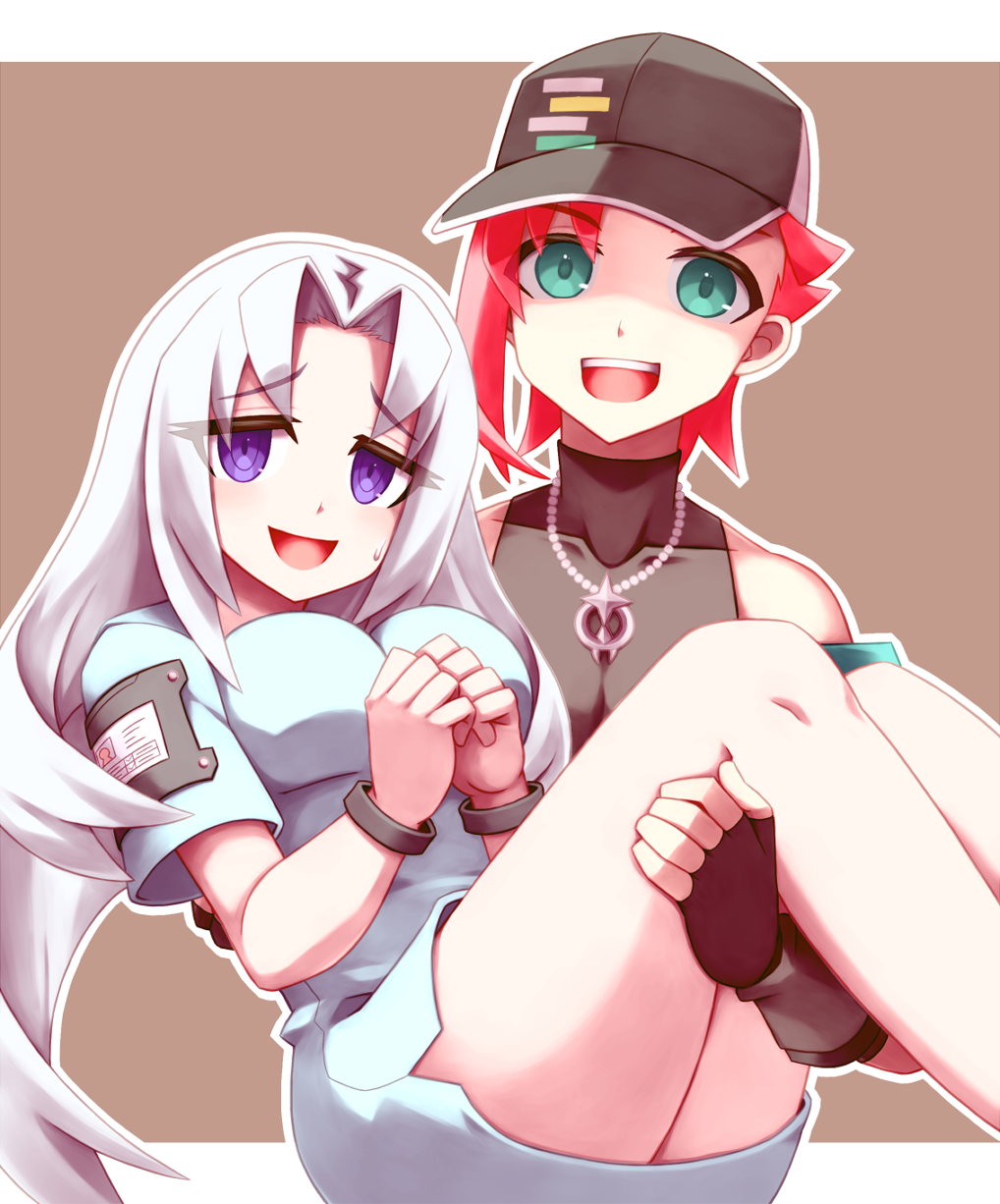 1boy, 1girl, azure_striker_gunvolt, azure_striker_gunvolt_1, azure_striker_gunvolt_3, b.b._(gunvolt), bare_shoulders, black_hat, black_shirt, blue_dress, breasts, brown_background, carrying, covered_collarbone, cowboy_shot, dress, elise_(gunvolt), fingerless_gloves, gloves, green_eyes, hat, highres, in-franchise_crossover, jewelry, kirisaku_shampoo_hat, large_breasts, long_hair, pendant, princess_carry, purple_eyes, purple_hair, red_hair, shirt, short_dress, short_hair, simple_background