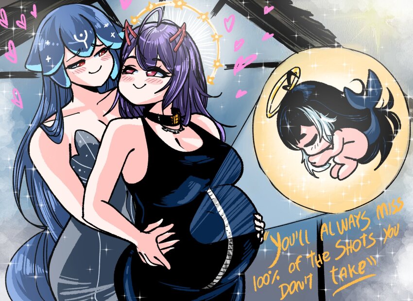 3girls, akuma_nihmune, bao_the_whale, bao_the_whale_(1st_costume), blue_hair, blush, breasts, closed_mouth