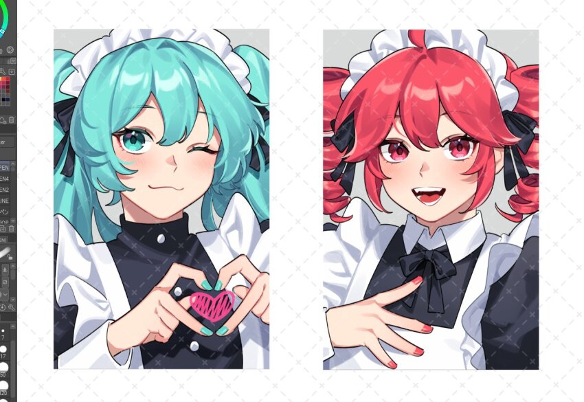 2girls, :3, ahoge, alternate_costume, apron, art_program_in_frame, black_bow, black_dress