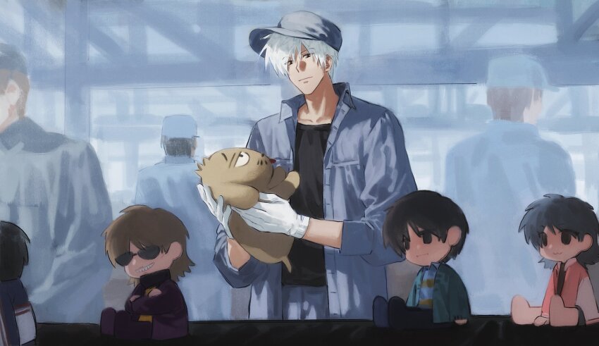 4boys, akagi:_yami_ni_oritatta_tensai, akagi_shigeru, black_eyes, black_shirt, blue_shirt, character_doll, closed_mouth