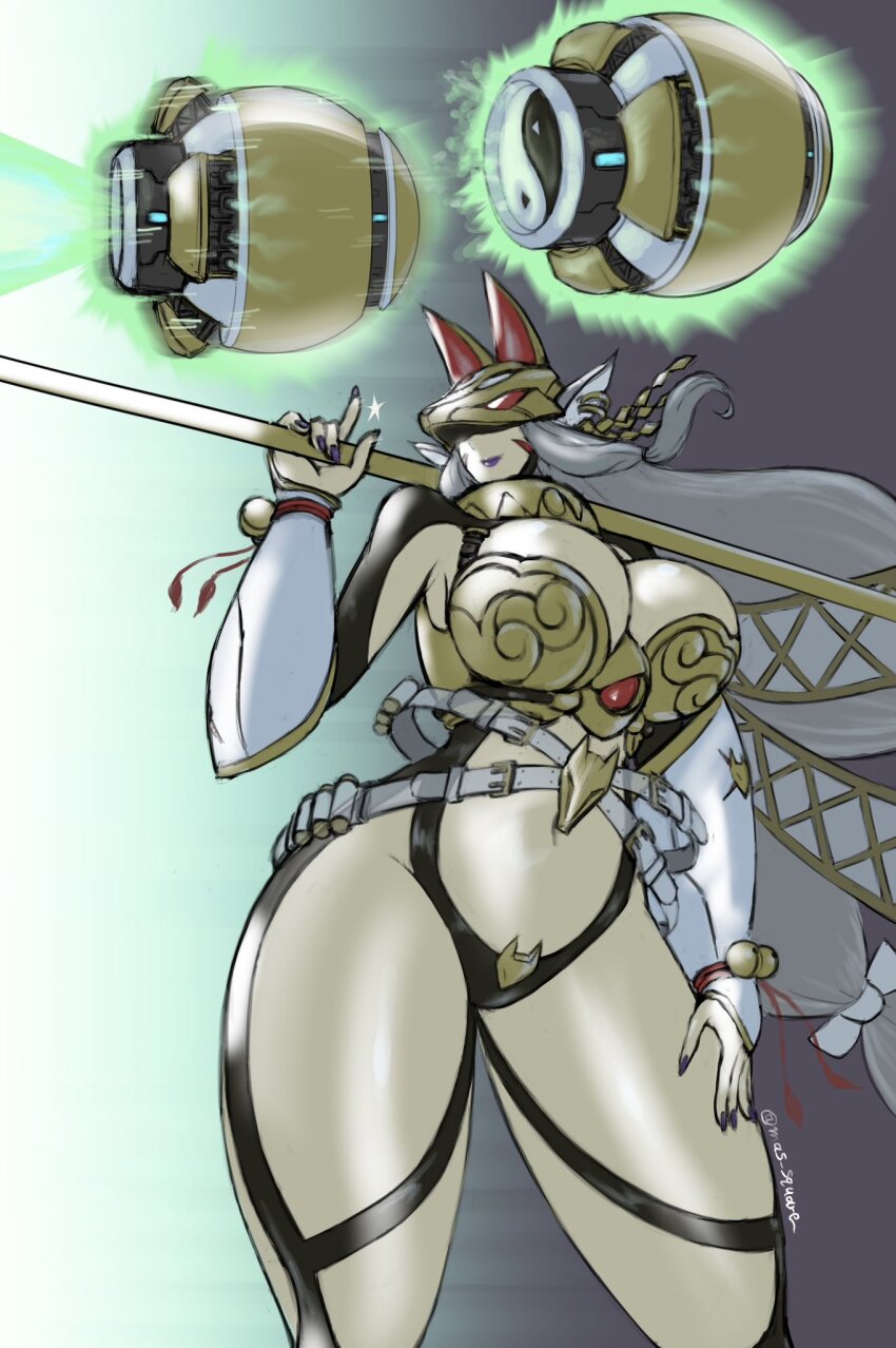 1girl, breasts, cleavage, cowboy_shot, digimon, digimon_(creature), facial_mark, fox_mask