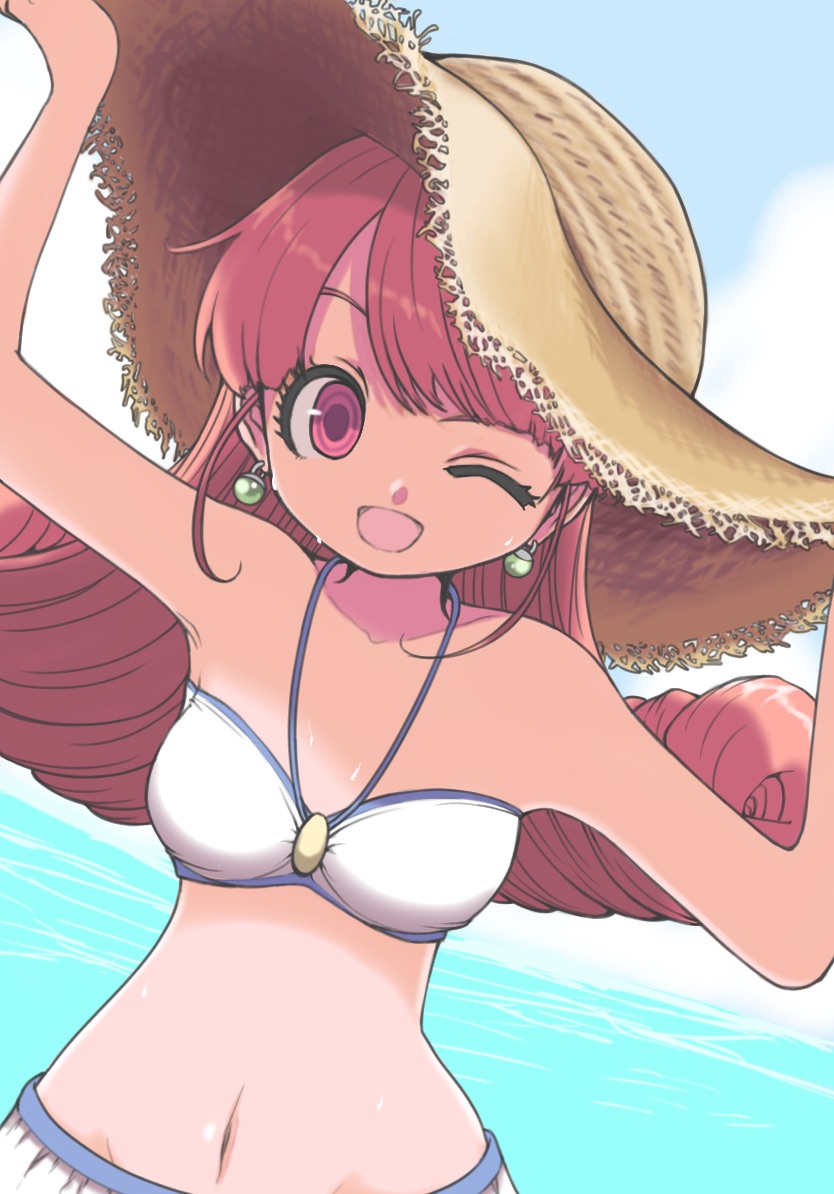 1girl, ;d, adjusting_clothes, adjusting_headwear, alena_(dq4), arms_up, blunt_bangs, breasts, commentary_request, curly_hair, daydream1201, dragon_quest, dragon_quest_iv, dragon_quest_rivals, earrings, gem, green_gem, hat, jewelry, long_hair, looking_at_viewer, medium_breasts, midriff, navel, official_alternate_costume, one_eye_closed, open_mouth, orange_hair, red_eyes, smile, solo, sphere_earrings, straw_hat, sun_hat, swimsuit, upper_body, water