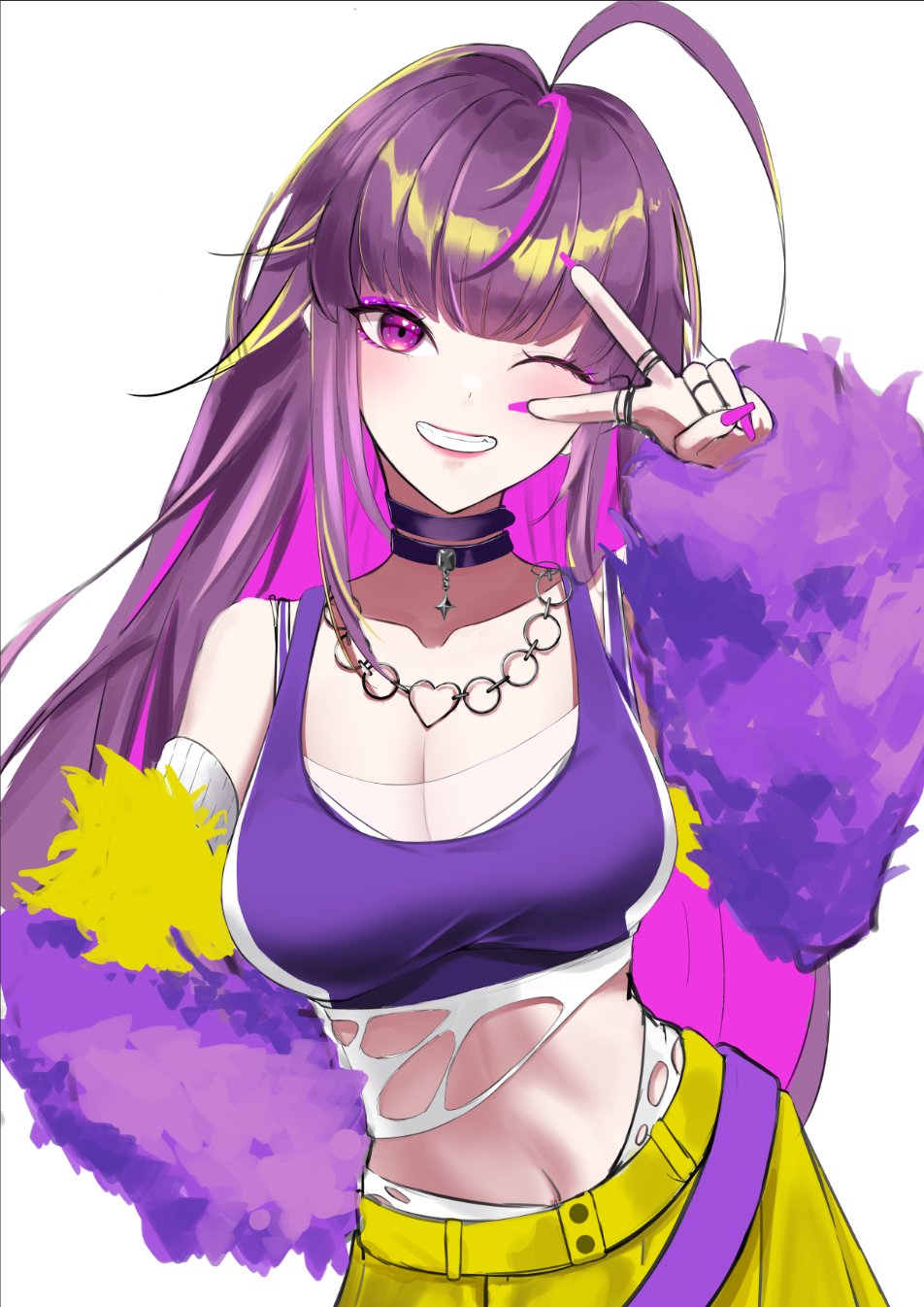 1girl, blush, breasts, choker, cleavage, colored_inner_hair, commentary_request, cowboy_shot, detached_sleeves, fur_sleeves, grin, heart, heart_necklace, highres, higimixy, jewelry, large_breasts, long_hair, looking_at_viewer, midriff, multicolored_hair, nanashi_inc., navel, necklace, one_eye_closed, purple_choker, purple_eyes, purple_hair, purple_sleeves, purple_sports_bra, simple_background, skirt, smile, solo, sports_bra, uruwashi_ririri, v, v_over_eye, virtual_youtuber, white_background, yellow_skirt