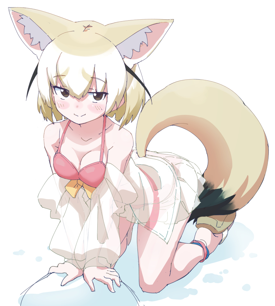 1girl, alternate_costume, animal_ears, bare_shoulders, bikini, blonde_hair, blush, brown_eyes