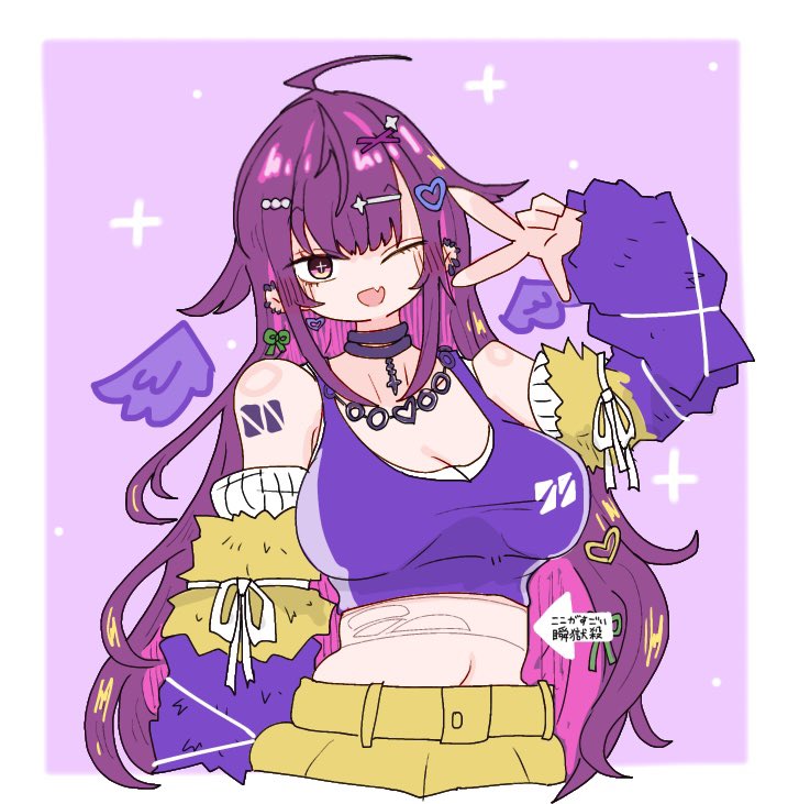 1girl, :d, ahoge, blush, breasts, brown_hair, cleavage, colored_inner_hair