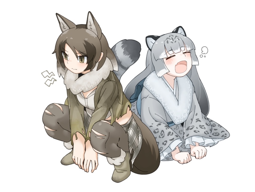 2girls, animal_ears, animal_print, back_bow, blue_bow, blunt_bangs, blush, boots