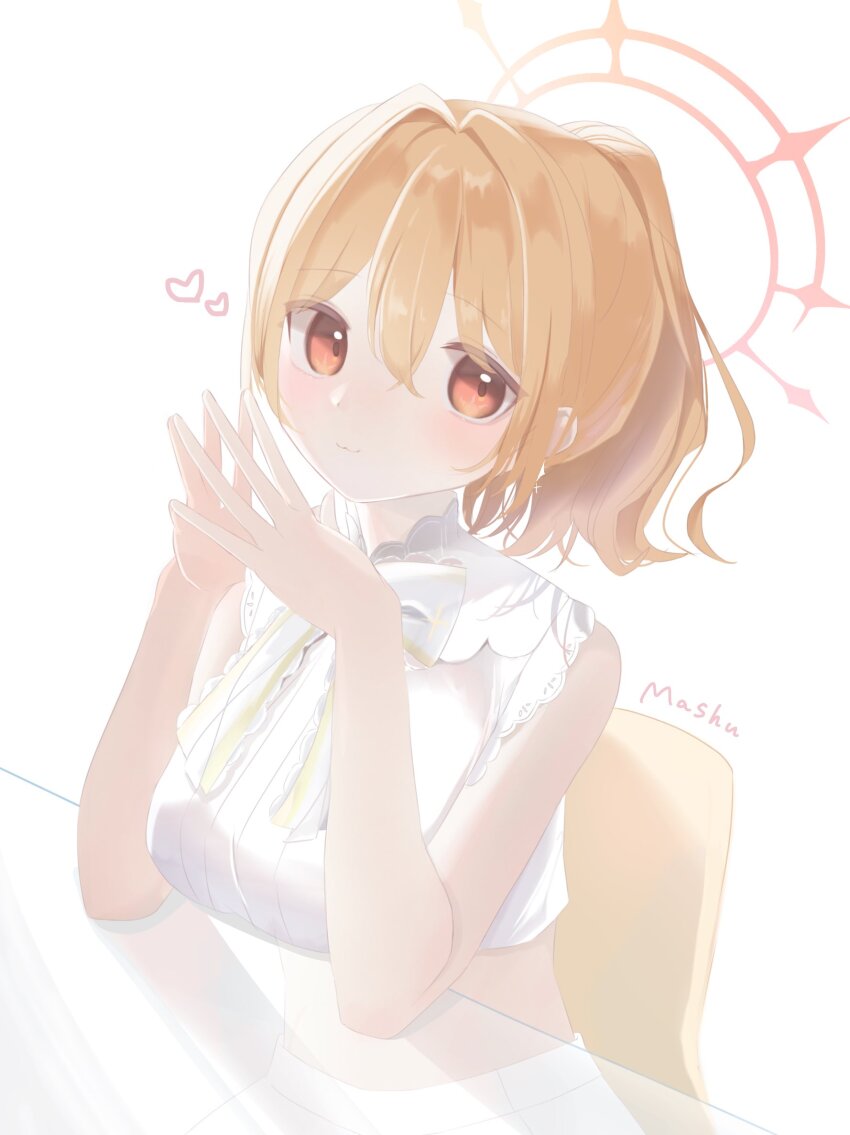 1girl, blonde_hair, blush, bow, bowtie, breasts, closed_mouth, commentary_request