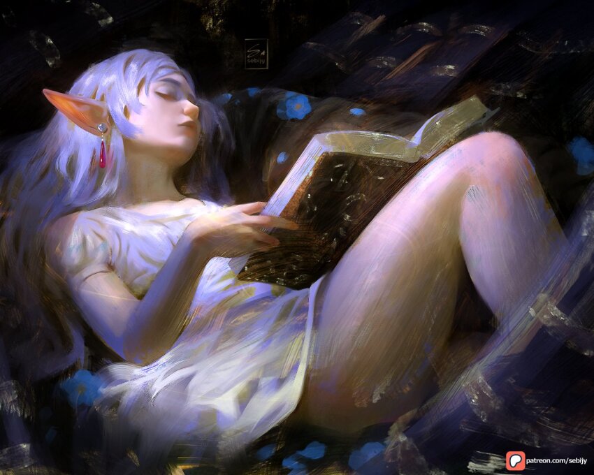 1girl, book, closed_mouth, commentary, dress, earrings, elf, frieren