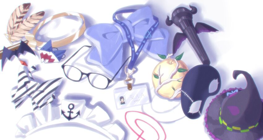 a-chan_(hololive), absurdres, anchor, anchor_ornament, apple, bat_hair_ornament, black_bow, blue_bow