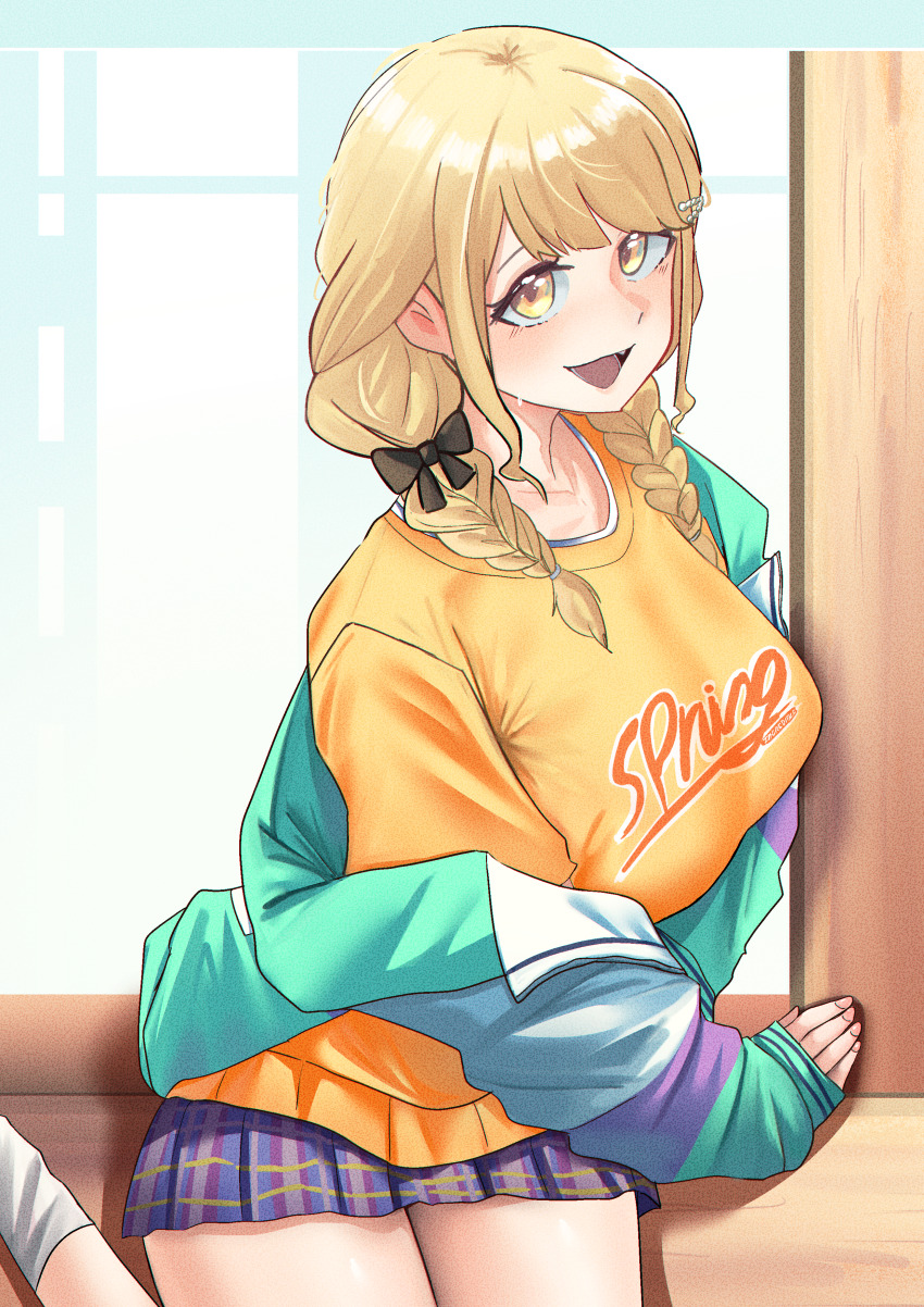 1girl, absurdres, alternate_breast_size, black_bow, blonde_hair, blue_skirt, blush, bow, braid, breasts, commentary_request, fang, fujita_kotone, gakuen_idolmaster, hair_bow, highres, idolmaster, jacket, jacket_partially_removed, large_breasts, long_hair, looking_at_viewer, miniskirt, multicolored_jacket, on_floor, over_flow99, plaid_clothes, plaid_skirt, pleated_skirt, shirt, sitting, skirt, smile, socks, solo, twin_braids, white_socks, yellow_eyes, yellow_shirt, yokozuwari