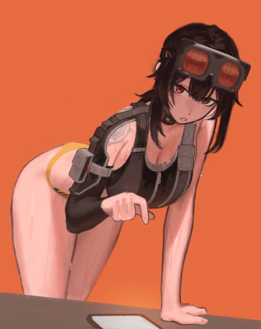 1girl, arm_pouch, black_hair, black_sports_bra, breasts, cleavage, cowboy_shot, goggles