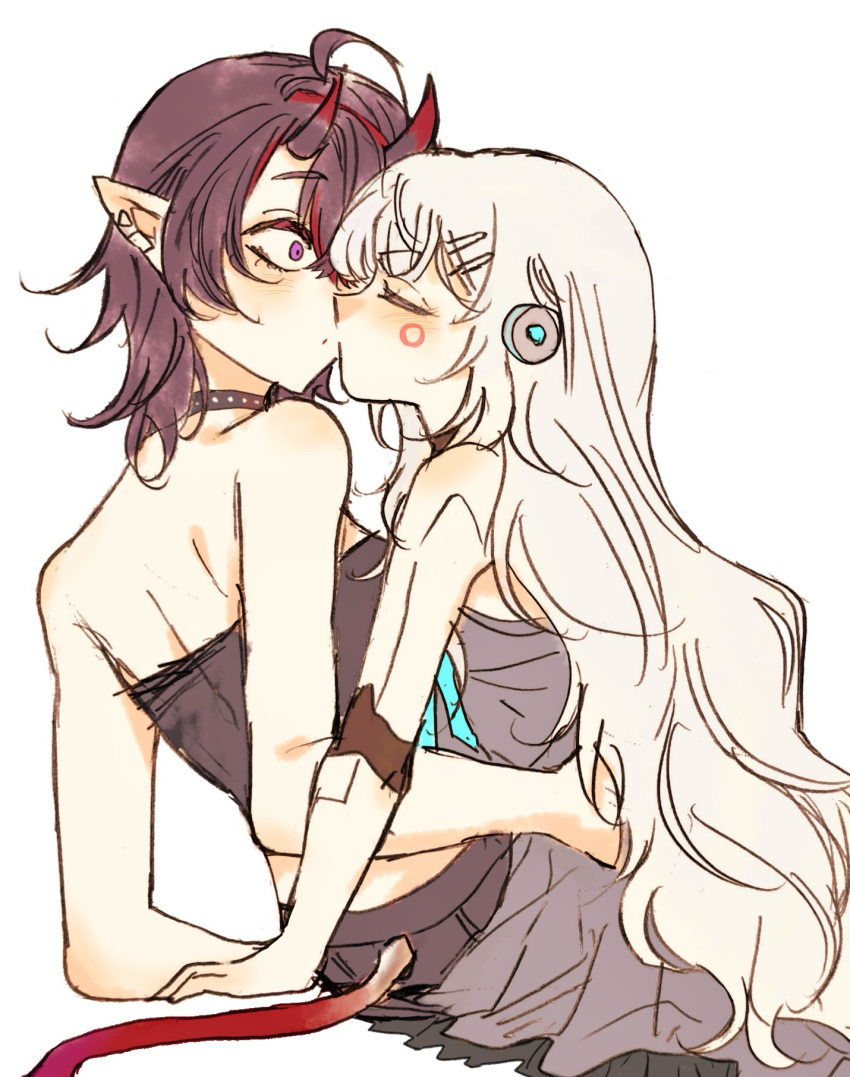 2girls, amaotome, and_uge, asymmetrical_horns, black_choker, black_horns, black_skirt, black_tube_top