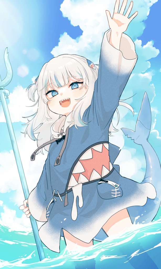 1girl, arm_up, blue_eyes, blue_hair, blue_hoodie, blue_sky, cloud, commentary