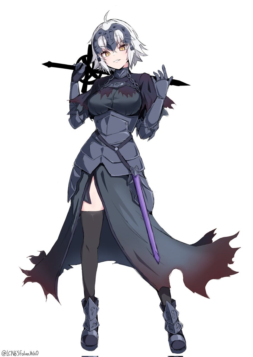 1girl, ahoge, armor, armored_dress, black_armor, black_dress, black_thighhighs, breasts