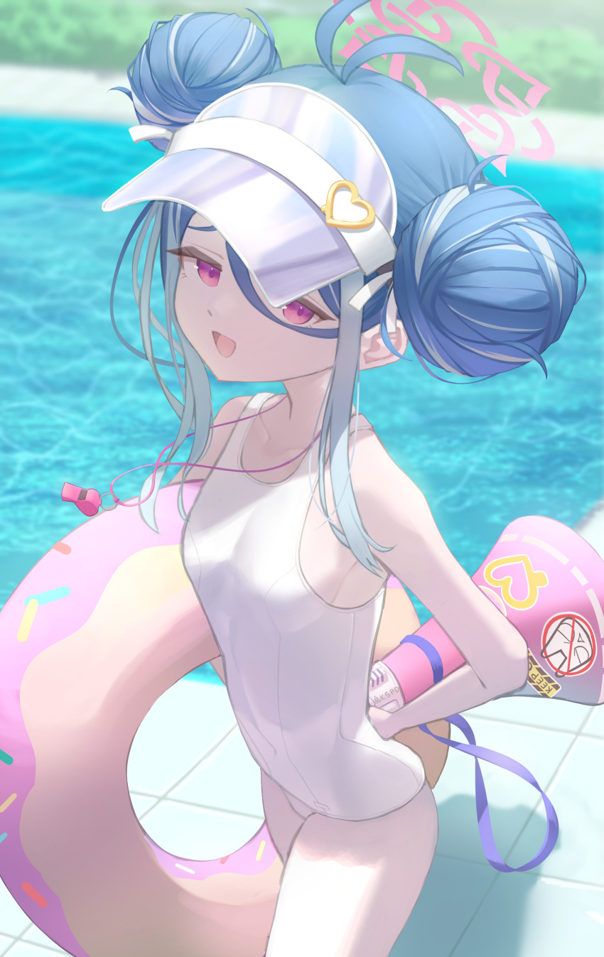1girl, absurdres, antenna_hair, azuma_(sospower73), blue_archive, blue_hair, blurry, blurry_background, blush, breasts, collarbone, commentary, donut_innertube, double_bun, fubuki_(blue_archive), fubuki_(swimsuit)_(blue_archive), grey_hair, hair_between_eyes, hair_bun, halo, highres, holding, holding_swim_ring, innertube, loli, long_hair, long_hair_between_eyes, looking_at_viewer, megaphone, multicolored_hair, official_alternate_costume, one-piece_swimsuit, outdoors, pink_eyes, pool, poolside, sidelocks, small_breasts, smile, solo, streaked_hair, swim_ring, swimsuit, thighs, two-tone_hair, very_long_hair, visor_cap, whistle, whistle_around_neck, white_one-piece_swimsuit