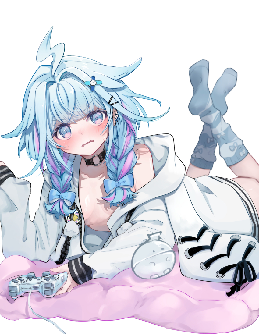 1girl, ahoge, blue_eyes, blue_hair, blush, braid, breasts, choker, controller, feet, flat_chest, game_controller, hair_ornament, hairclip, highres, hololive, hololive_dev_is, hood, hoodie, looking_at_viewer, lossko, mizumiya_su, mizumiya_su_(1st_costume), multicolored_hair, no_bra, no_shirt, playstation_controller, purple_hair, simple_background, sleeves_past_wrists, small_breasts, socks, solo, streaked_hair, twin_braids, virtual_youtuber, white_background