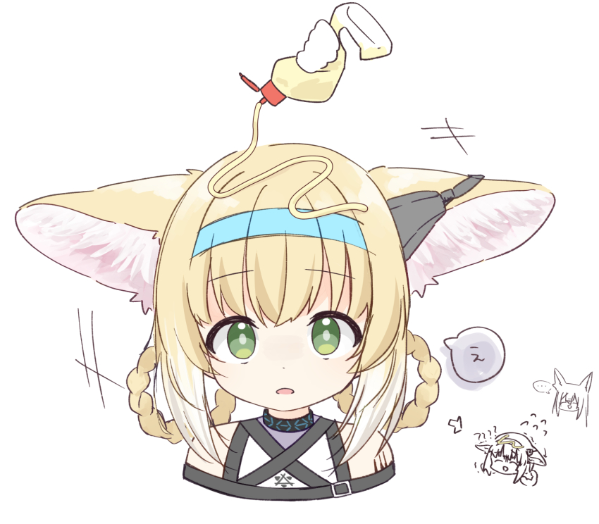 2girls, ?, ??, animal_ear_fluff, animal_ears, arknights, bare_shoulders, blonde_hair, blue_hairband, bottle, braid, braided_hair_rings, choker, confused, cropped_shoulders, disembodied_hand, doodle_inset, ears_down, enji-kun, flying_sweatdrops, food, food_on_head, fox_ears, green_eyes, hair_rings, hairband, highres, holding, holding_bottle, looking_at_viewer, mayonnaise, multiple_girls, multiple_views, object_on_head, open_mouth, simple_background, solo_focus, speech_bubble, squeezing, suzuran_(arknights), vulpisfoglia_(arknights), white_background
