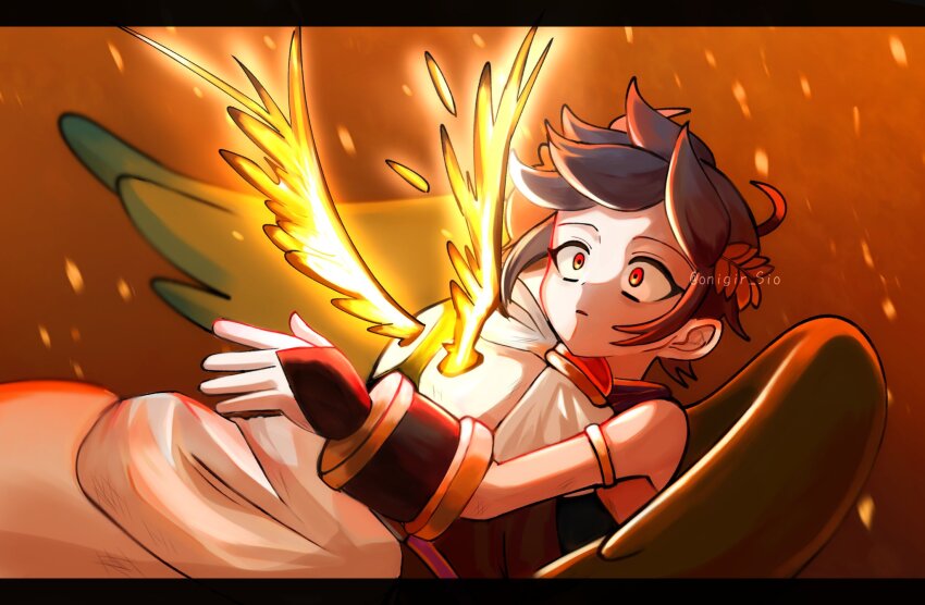 2boys, ahoge, angel, angel_wings, black_hair, burning, dark_pit, glowing