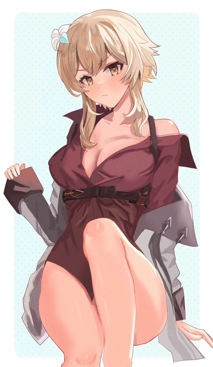1girl, absurdres, blonde_hair, blush, borrowed_clothes, breasts, cleavage, closed_mouth
