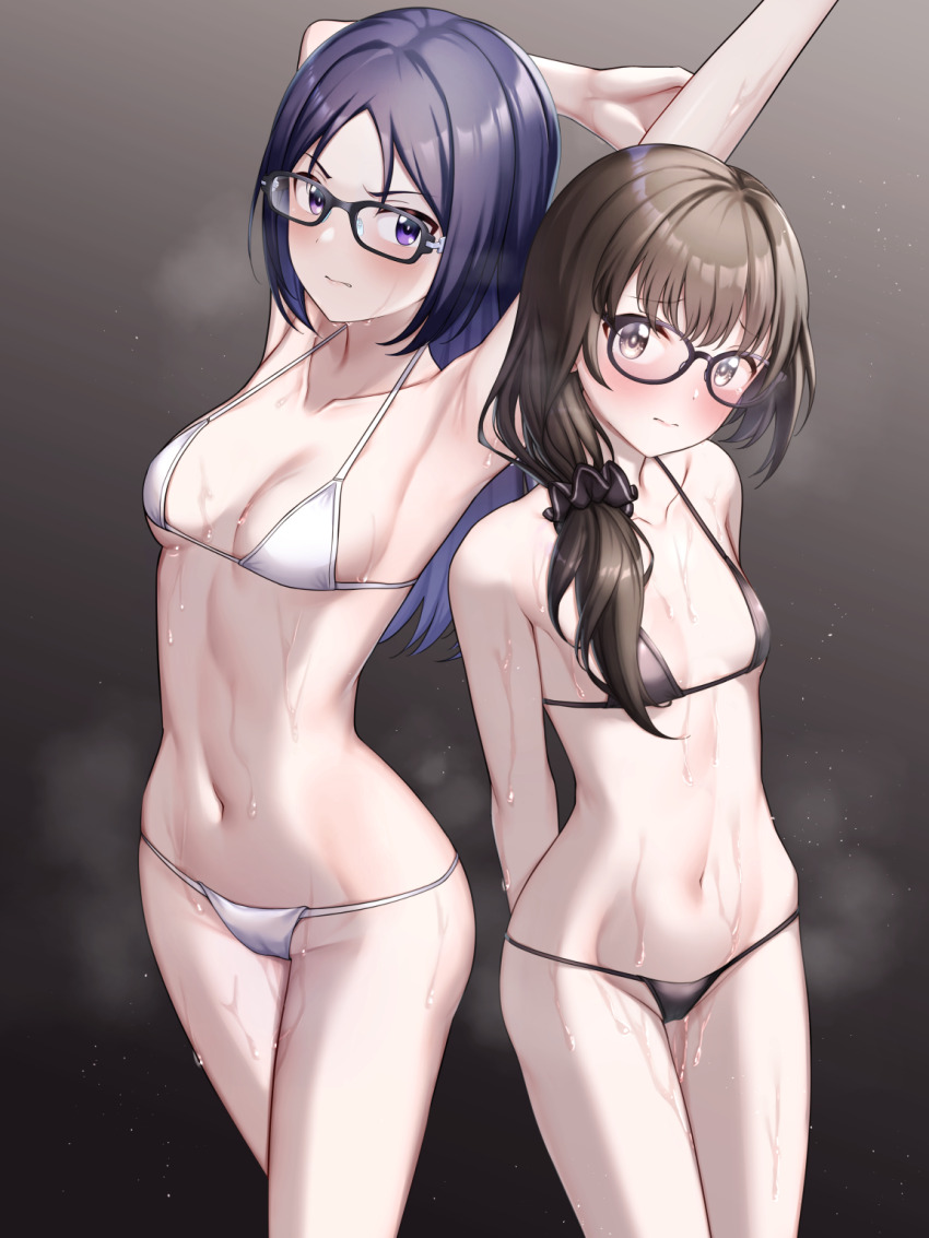 2girls, alice_gear_aegis, armpits, bikini, black-framed_eyewear, black_bikini, blue_hair, breasts