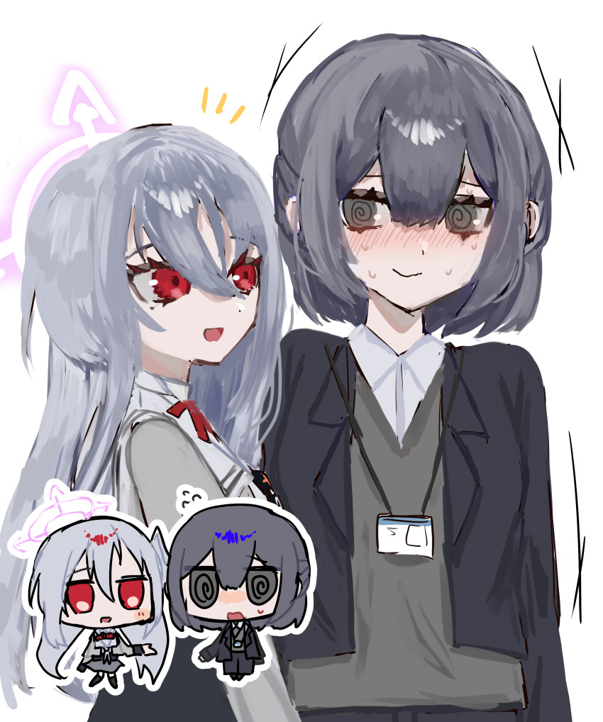 2girls, absurdres, bad_id, bad_pixiv_id, blazer, blue_archive, blush, chibi, chibi_inset, collared_shirt, female_sensei_(blue_archive), flustered, grey_eyes, grey_hair, grey_jacket, gyogyo150, hair_between_eyes, half_updo, head_wings, highres, jacket, lanyard, long_hair, looking_at_another, mole, mole_under_eye, multiple_girls, nervous_sweating, notice_lines, office_lady, red_eyes, school_uniform, sensei_(blue_archive), shirt, short_hair, single_head_wing, smile, suzumi_(blue_archive), sweat, sweater_vest, upper_body, very_long_hair, white_hair, wings