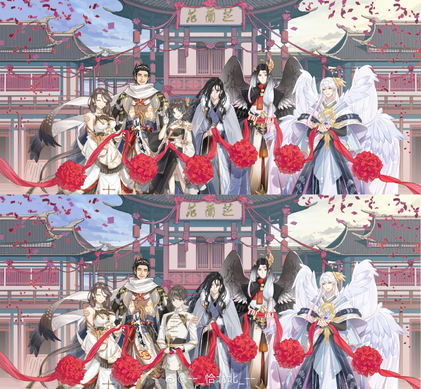 2girls, 5boys, :d, ^_^, absurdres, architecture, bare_shoulders, beard